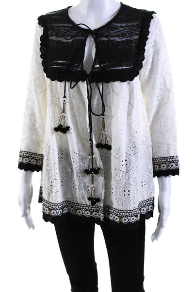 Hemant & Nandita Womens White Eyelet Tie Front Long Sleeve Blouse Top Size S