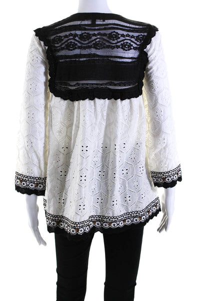 Hemant & Nandita Womens White Eyelet Tie Front Long Sleeve Blouse Top Size S