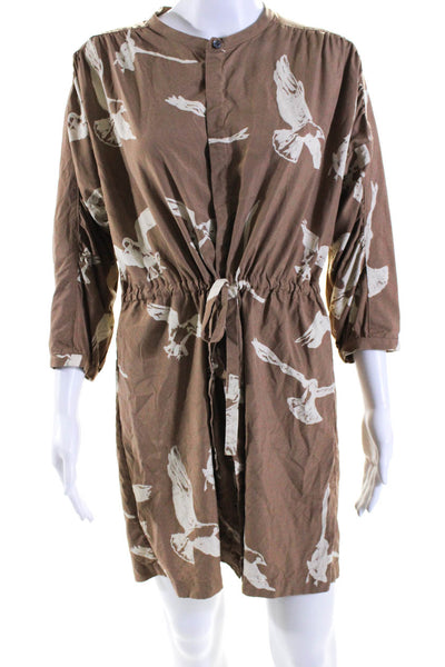 Whit Womens Brown Silk Animal Print Tie Waist Long Sleeve Shift Dress Size S