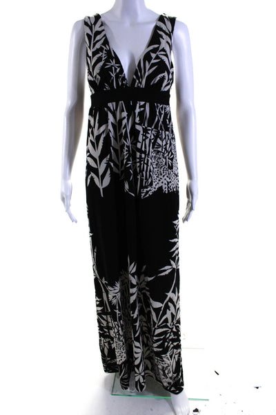 Tibi Womens Sleeveless V Neck Big Cat Jungle Print Maxi Dress Black White Small