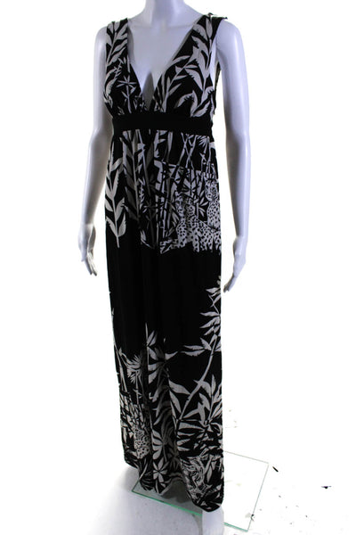 Tibi Womens Sleeveless V Neck Big Cat Jungle Print Maxi Dress Black White Small