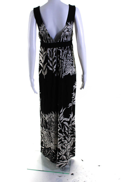 Tibi Womens Sleeveless V Neck Big Cat Jungle Print Maxi Dress Black White Small