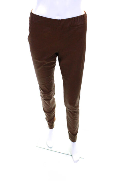 The Row Womens Elastic Waistband High Rise Straight Leather Pants Brown Large