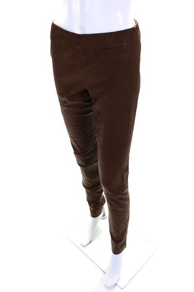 The Row Womens Elastic Waistband High Rise Straight Leather Pants Brown Large