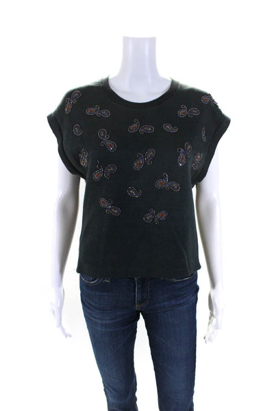 Etro Womens Cap Sleeve Scoop Neck Paisley Beaded Top Navy Cotton Size IT 42