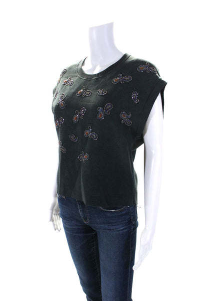 Etro Womens Cap Sleeve Scoop Neck Paisley Beaded Top Navy Cotton Size IT 42