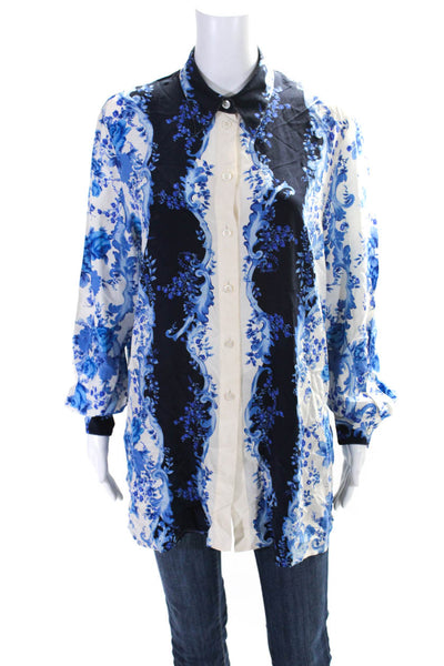 Escada Margaretha Ley Womens Silk Floral Print Shirt White Blue Size EUR 40