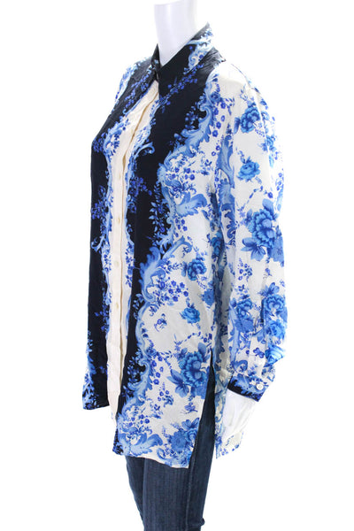 Escada Margaretha Ley Womens Silk Floral Print Shirt White Blue Size EUR 40