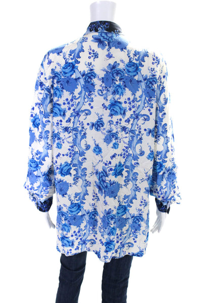 Escada Margaretha Ley Womens Silk Floral Print Shirt White Blue Size EUR 40