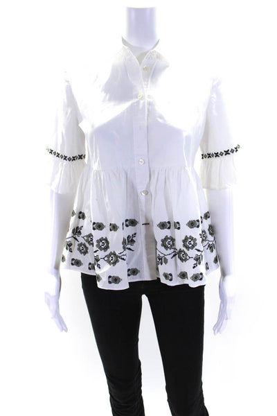 Broome Street x Kate Spade Womens Embroidered Floral Button Top White Size 2XS