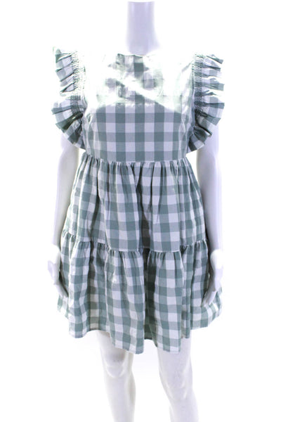 English Factory Womens Back Zip Crew Neck Ruffled Gingham Dress Green White XS