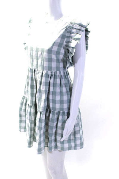 English Factory Womens Back Zip Crew Neck Ruffled Gingham Dress Green White XS