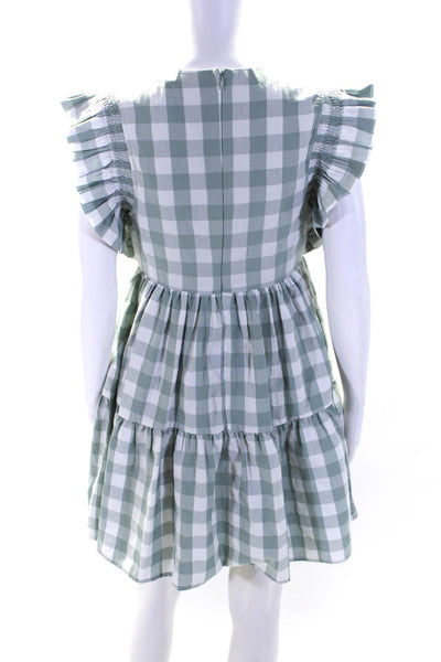 English Factory Womens Back Zip Crew Neck Ruffled Gingham Dress Green White XS