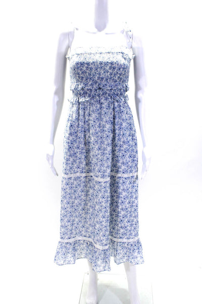 Kisuii Womens White Blue Cotton Floral Smocked Sleeveless Shift Dress Size XS