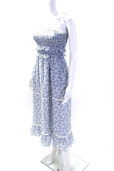 Kisuii Womens White Blue Cotton Floral Smocked Sleeveless Shift Dress Size XS