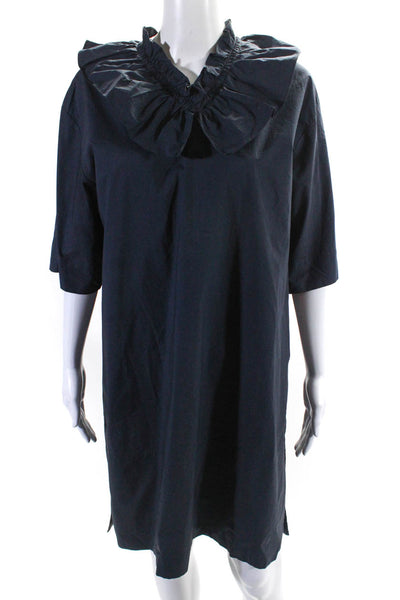 Marni Womens Short Sleeve V Neck Poplin Ruffle Shift Dress Navy Blue Size IT 46