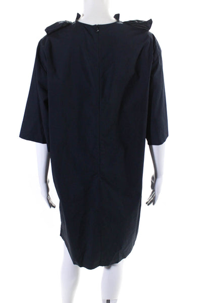 Marni Womens Short Sleeve V Neck Poplin Ruffle Shift Dress Navy Blue Size IT 46