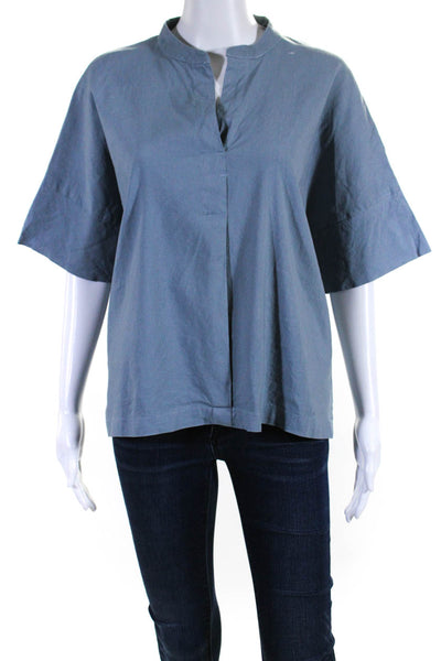 T Tahari Womens Short Sleeve V Neck Blouse Linen Blue Size Large