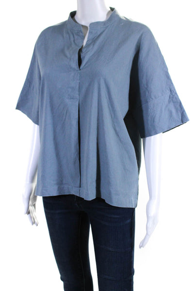 T Tahari Womens Short Sleeve V Neck Blouse Linen Blue Size Large