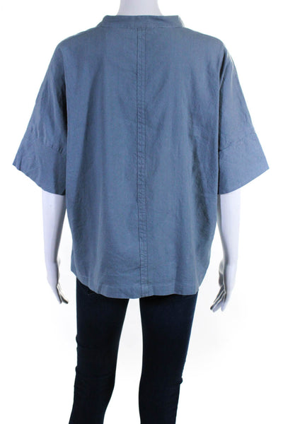 T Tahari Womens Short Sleeve V Neck Blouse Linen Blue Size Large