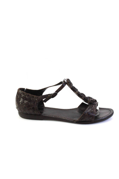 Bottega Veneta Womens Intrecciato Leather Flat Ankle Strap Sandals Brown 36 6