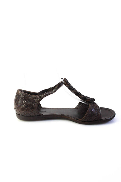 Bottega Veneta Womens Intrecciato Leather Flat Ankle Strap Sandals Brown 36 6