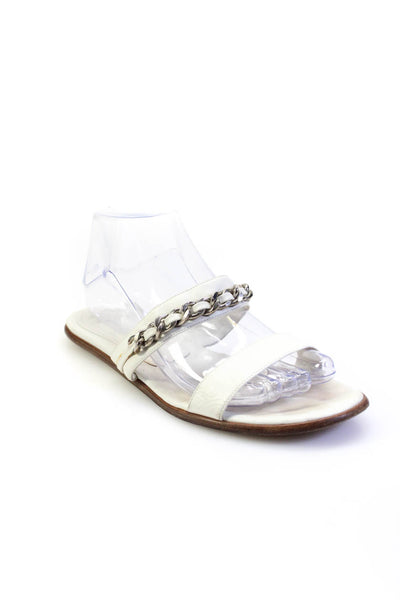 Chanel Womens Double Strap Chain Link Slide Sandals White Leather Size 39