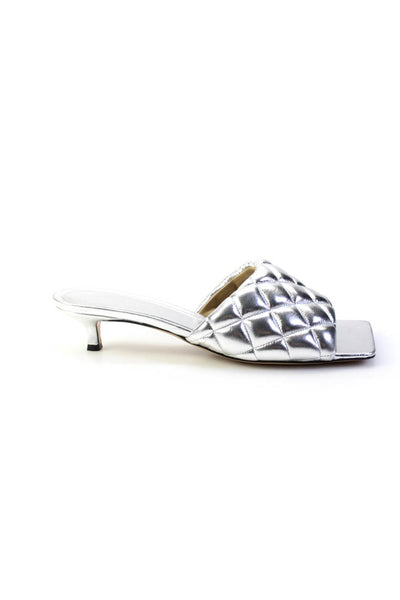 Bottega Veneta Womens Silver Leather Quilted Square Toe Sandals Shoes Size 10