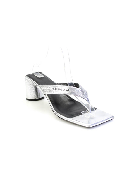 Balenciaga Womens Silver Leather Square Toe Heels Thong Sandals Shoes Size 9.5