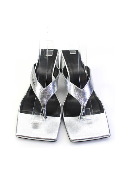 Balenciaga Womens Silver Leather Square Toe Heels Thong Sandals Shoes Size 9.5