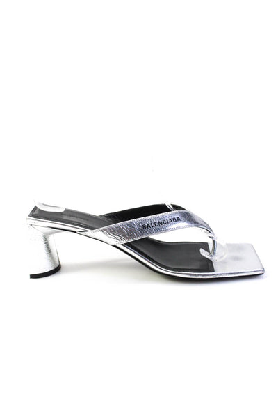 Balenciaga Womens Silver Leather Square Toe Heels Thong Sandals Shoes Size 9.5