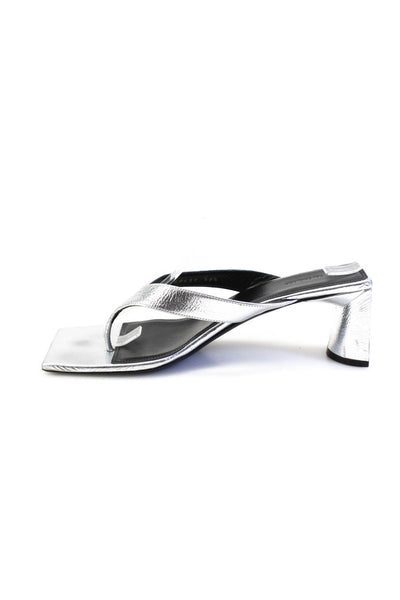 Balenciaga Womens Silver Leather Square Toe Heels Thong Sandals Shoes Size 9.5