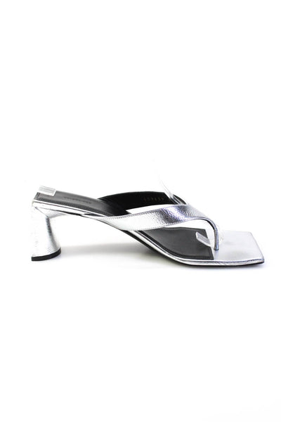 Balenciaga Womens Silver Leather Square Toe Heels Thong Sandals Shoes Size 9.5