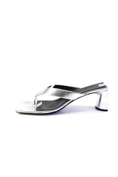 Balenciaga Womens Silver Leather Square Toe Heels Thong Sandals Shoes Size 9.5