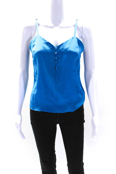 Jenni Kayne Womens V Neck Henley Spaghetti Strap Tank Top Blue Silk Size XS