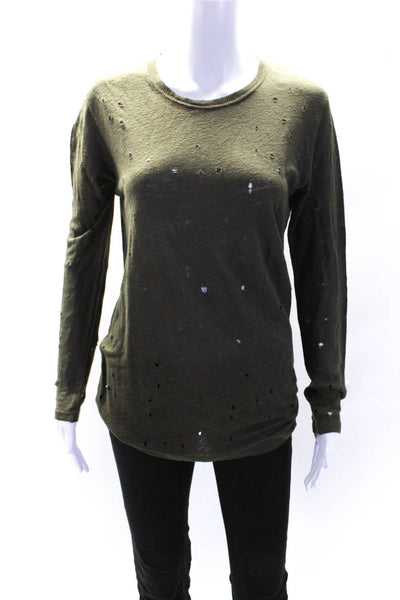 IRO Womens Marvina Long Sleeve Knit Distressed Top Tee Shirt Olive Linen Size XS