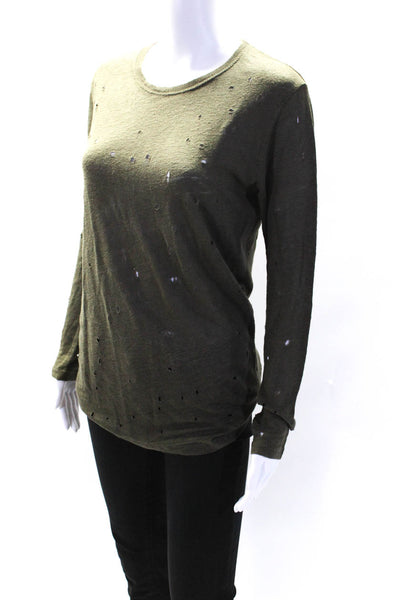 IRO Womens Marvina Long Sleeve Knit Distressed Top Tee Shirt Olive Linen Size XS