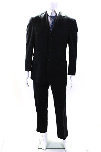 Etro Mens Check Grid Print Slim Leg Two Button Suit Black Wool Size IT 48