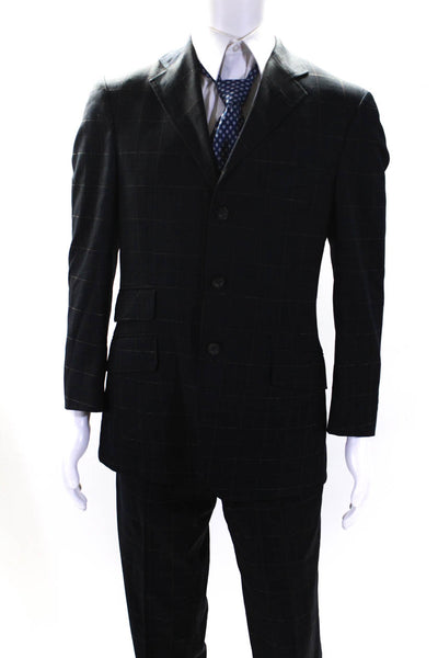 Etro Mens Check Grid Print Slim Leg Two Button Suit Black Wool Size IT 48