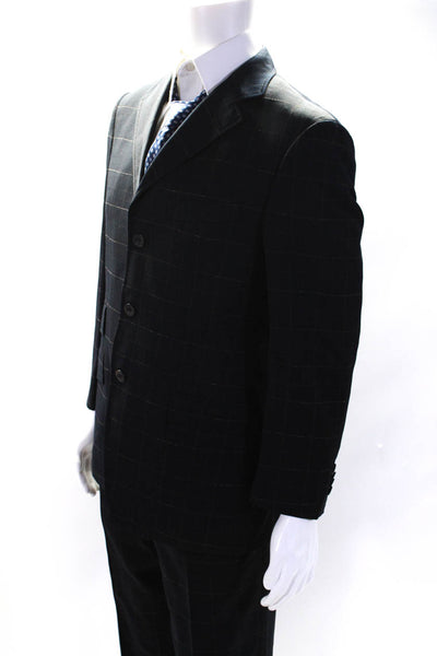 Etro Mens Check Grid Print Slim Leg Two Button Suit Black Wool Size IT 48