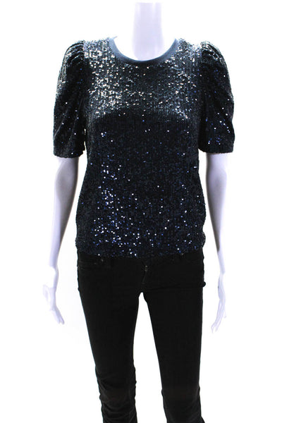 Generation Love Womens Navy Blue Sequins Crew Neck Short Sleeve Blouse Top SizeS