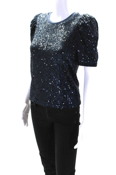 Generation Love Womens Navy Blue Sequins Crew Neck Short Sleeve Blouse Top SizeS