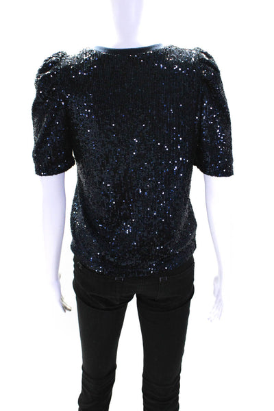 Generation Love Womens Navy Blue Sequins Crew Neck Short Sleeve Blouse Top SizeS