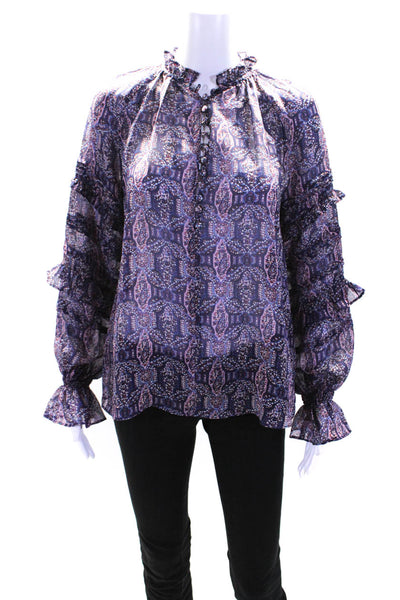 Haute Hippie Womens Purple Printed Silk Ruffle Long Sleeve Blouse Top Size XS