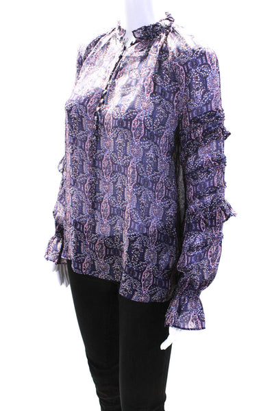 Haute Hippie Womens Purple Printed Silk Ruffle Long Sleeve Blouse Top Size XS