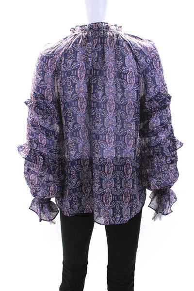 Haute Hippie Womens Purple Printed Silk Ruffle Long Sleeve Blouse Top Size XS