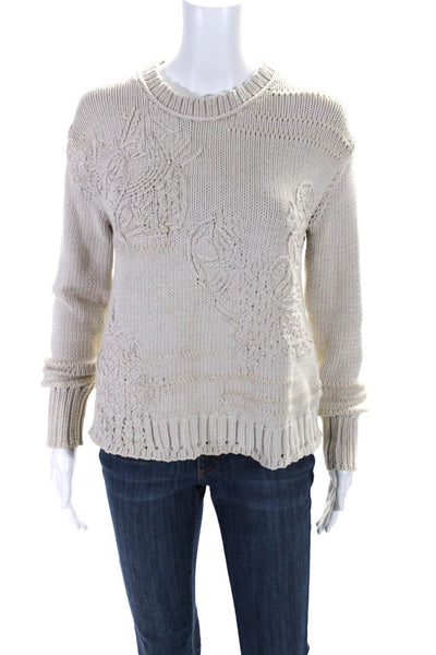 Inhabit Womens Pullover Crew Neck Crochet Knit Sweater Beige Cotton Size Small