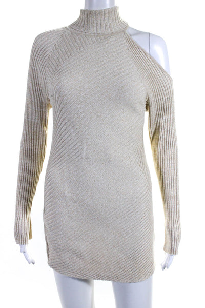 Hudson Womens Metallic Ribbed Cold Shoulder Turtleneck Sweater Dress Gold Small