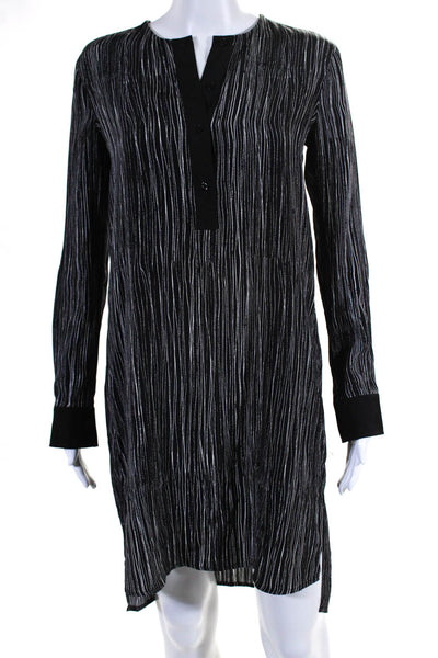 Vince Womens Half Placket Long Sleeve Striped Shift Dress Black White Silk XXS