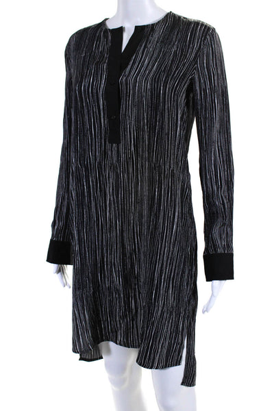 Vince Womens Half Placket Long Sleeve Striped Shift Dress Black White Silk XXS